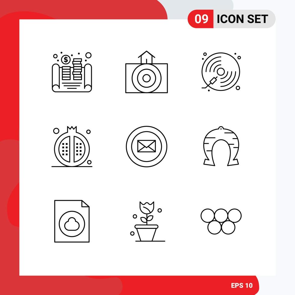 Universal Icon Symbols Group of 9 Modern Outlines of pomegranate food disc drinks play Editable Vector Design Elements