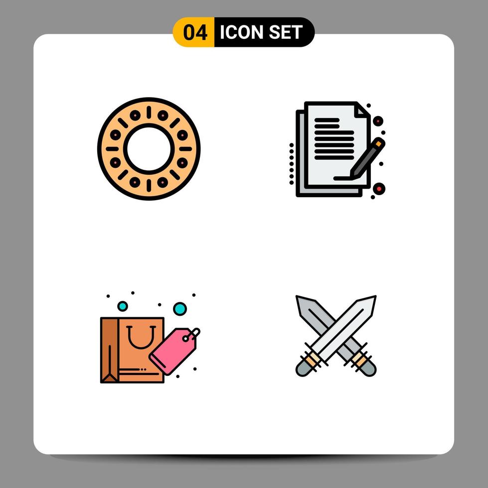conjunto moderno de 4 colores planos y símbolos de línea de llenado, como documentos de contrato de compra de panadería, espada, elementos de diseño vectorial editables vector