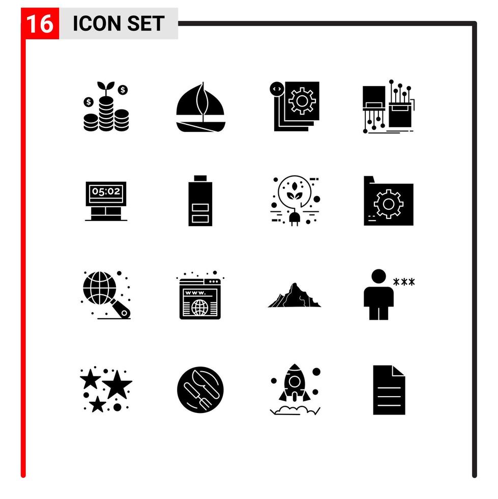 Group of 16 Solid Glyphs Signs and Symbols for game cable development lane fiber Editable Vector Design Elements