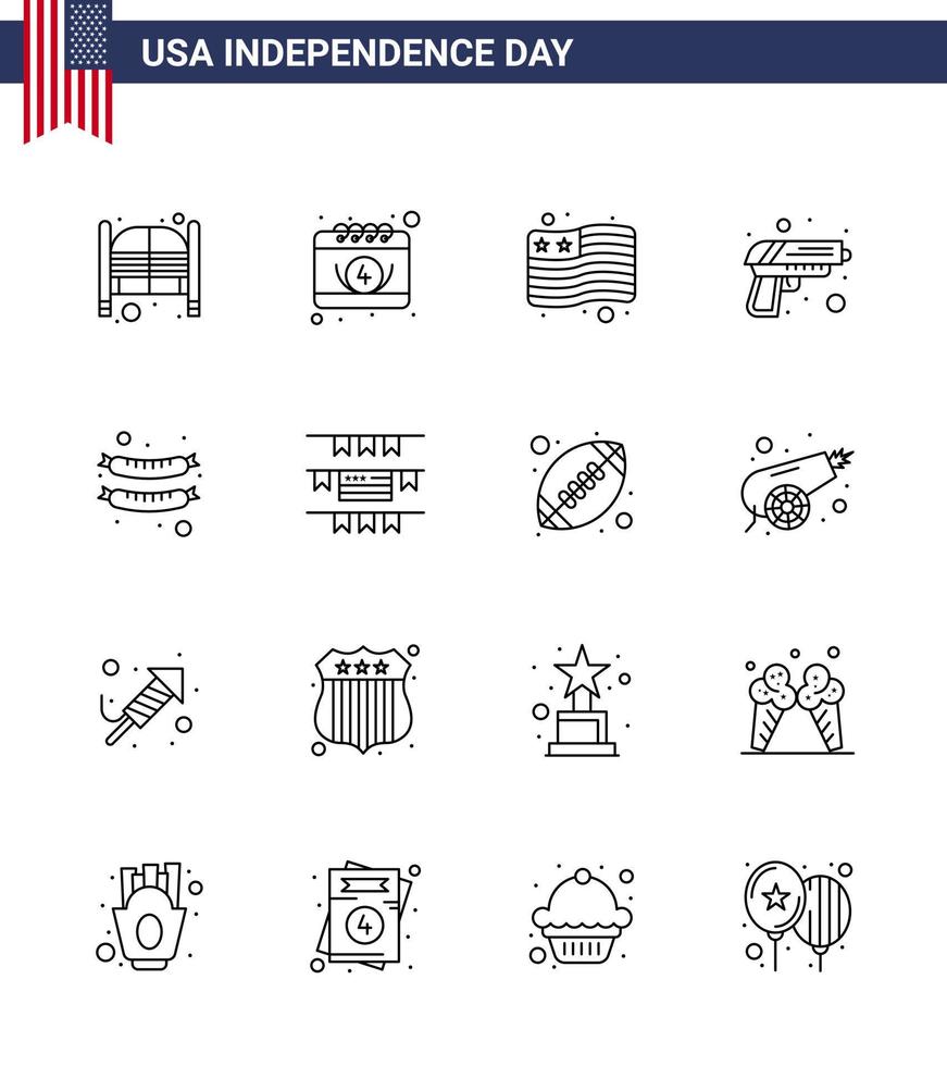 Set of 16 Modern Lines pack on USA Independence Day frankfurter weapon day army gun Editable USA Day Vector Design Elements