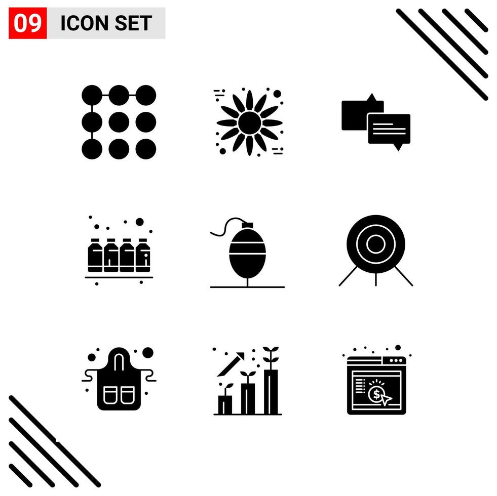 conjunto perfecto de píxeles de 9 iconos sólidos conjunto de iconos de glifos para el diseño de sitios web y la interfaz de aplicaciones móviles vector