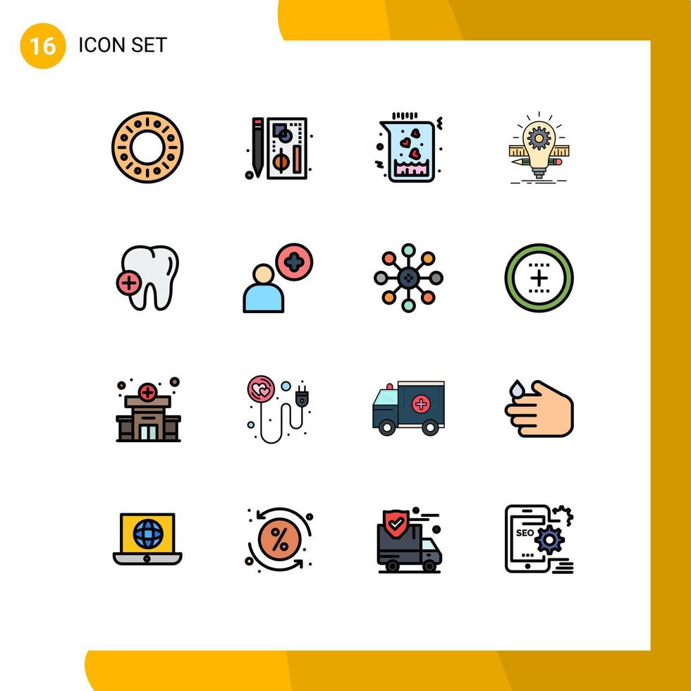 Mobile Interface Flat Color Filled Line Set of 16 Pictograms of hospital pencil chemical bulb deveopment Editable Creative Vector Design Elements