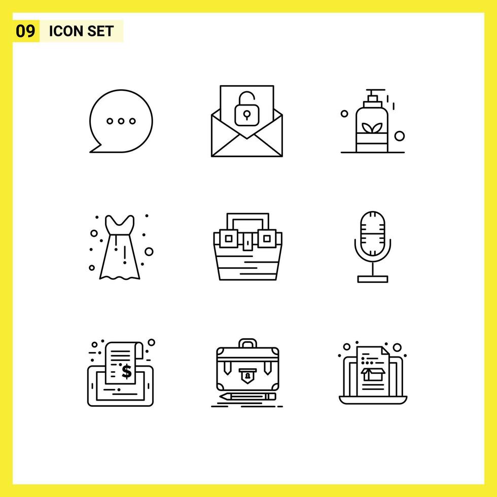 Pictogram Set of 9 Simple Outlines of construction bag massage party dress blouse frock Editable Vector Design Elements