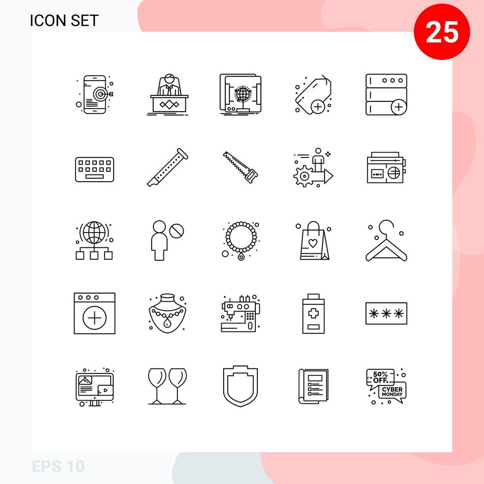 Stock Vector Icon Pack of 25 Line Signs and Symbols for database tag ceo plus scanner Editable Vector Design Elements