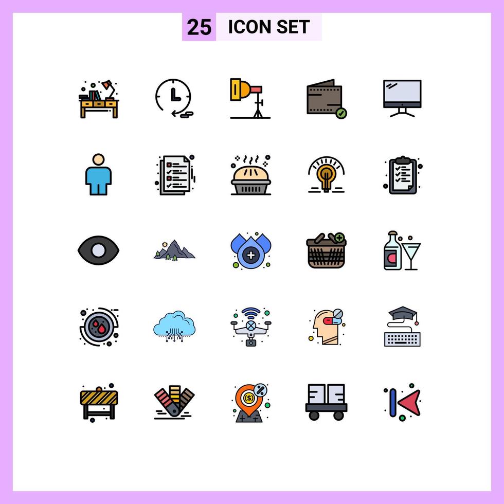 Set of 25 Vector Filled line Flat Colors on Grid for monitor wallet light e add Editable Vector Design Elements
