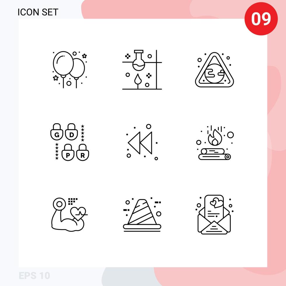 Editable Vector Line Pack of 9 Simple Outlines of rewind arrow earth security gdpr Editable Vector Design Elements