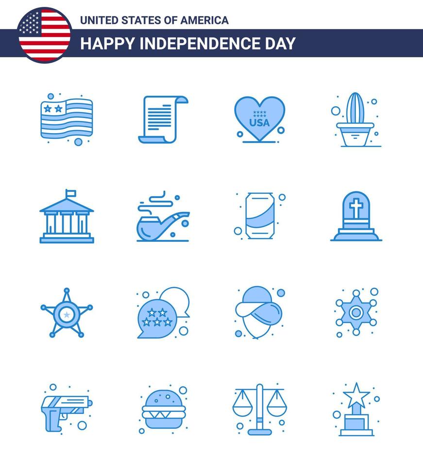 Set of 16 Modern Blues pack on USA Independence Day american bank love pot flower Editable USA Day Vector Design Elements