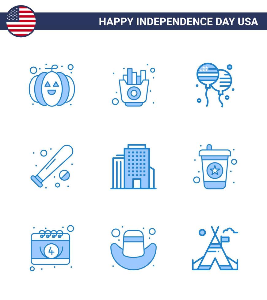 usa feliz día de la independencia pictograma conjunto de 9 blues simple de oficina usa bloons deportes béisbol editable usa day elementos de diseño vectorial vector