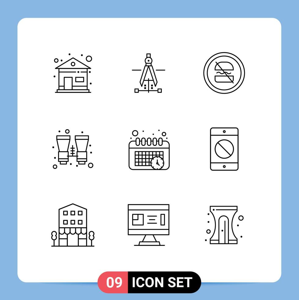 Group of 9 Modern Outlines Set for schedule travel banned search binocular Editable Vector Design Elements