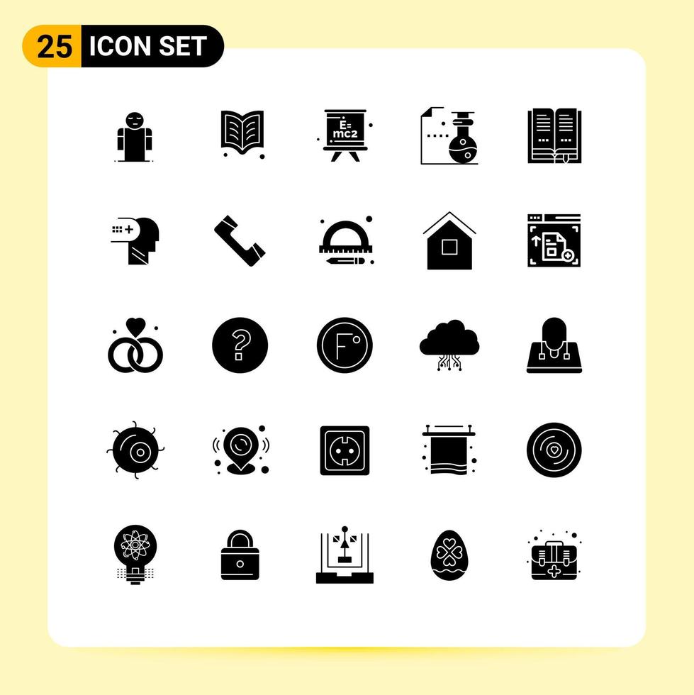 Editable Vector Line Pack of 25 Simple Solid Glyphs of education science formula laboratory chemistry Editable Vector Design Elements