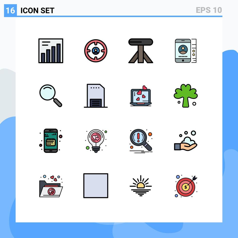 Set of 16 Commercial Flat Color Filled Lines pack for search magnifier furniture general service Editable Creative Vector Design Elements