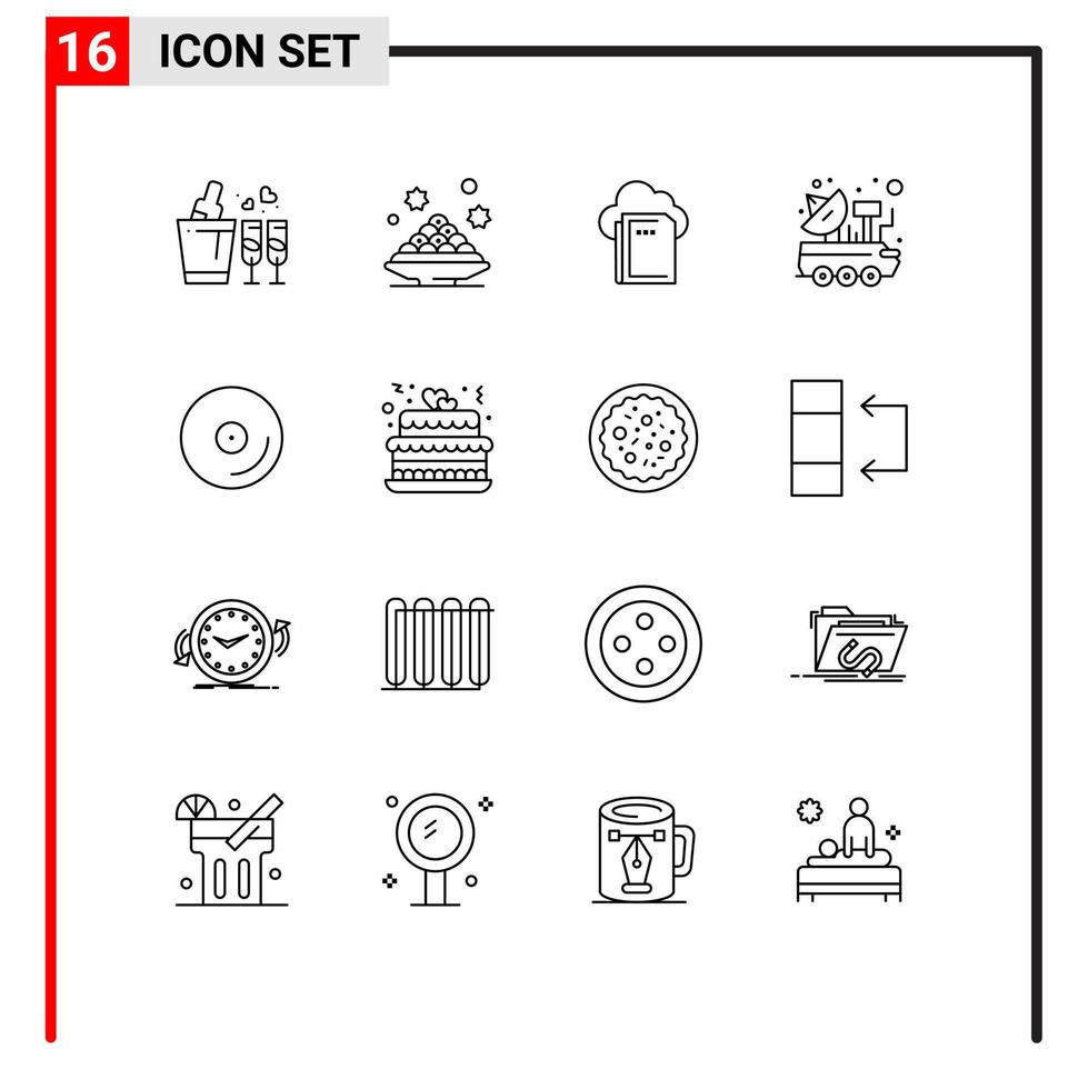 conjunto de esquema de interfaz móvil de 16 pictogramas de elementos de diseño de vector editables de computación satelital de plato de ciencia espacial