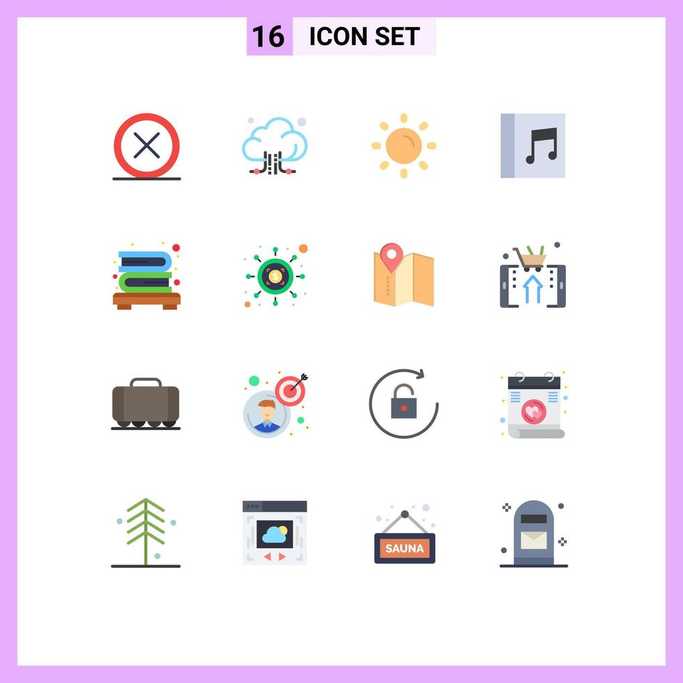 Pictogram Set of 16 Simple Flat Colors of books music technology media shine Editable Pack of Creative Vector Design Elements