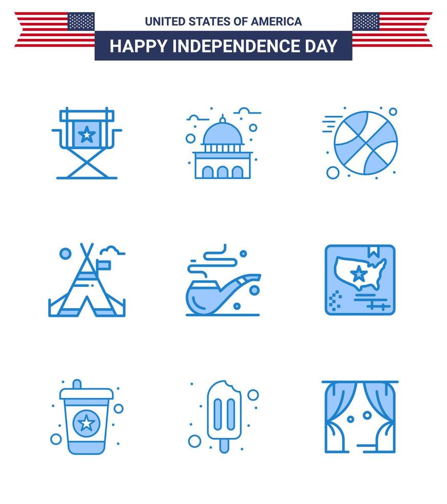 9 Creative USA Icons Modern Independence Signs and 4th July Symbols of pipe camp usa tent sports Editable USA Day Vector Design Elements