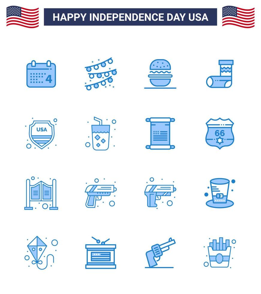 feliz día de la independencia 16 paquete de iconos de blues para web y seguridad de letrero de impresión comer regalo navidad elementos de diseño de vector de día de estados unidos editables