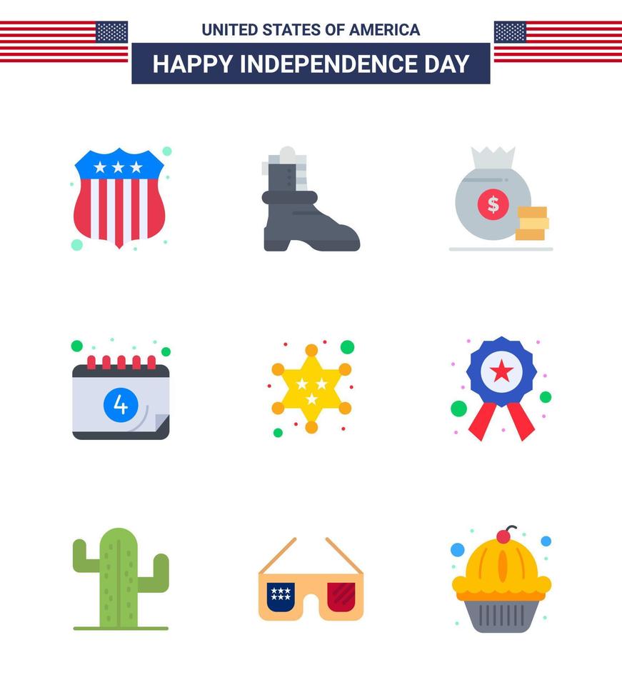 Set of 9 Vector Flats on 4th July USA Independence Day such as star military money badge date Editable USA Day Vector Design Elements