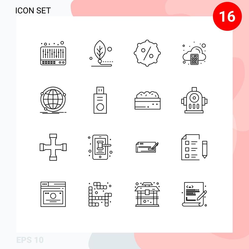 Group of 16 Modern Outlines Set for internet data discount tax arithmetic Editable Vector Design Elements