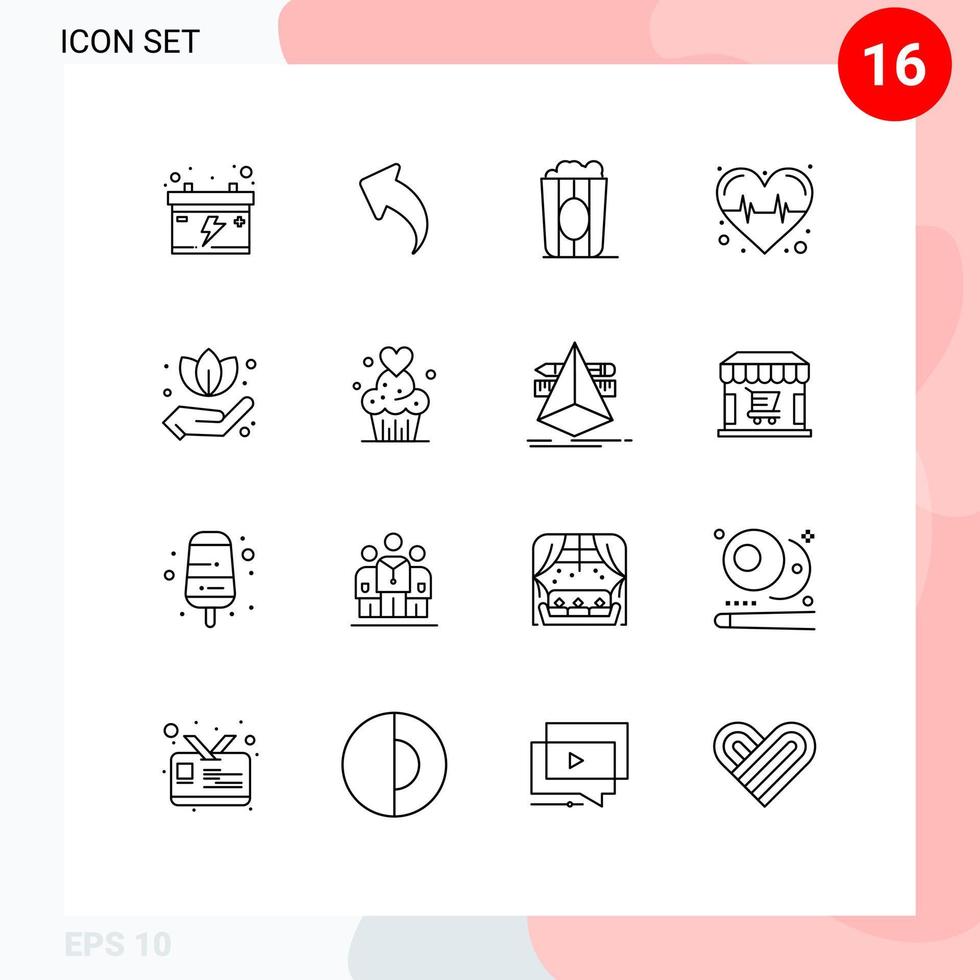 16 User Interface Outline Pack of modern Signs and Symbols of cake green food hand heart Editable Vector Design Elements