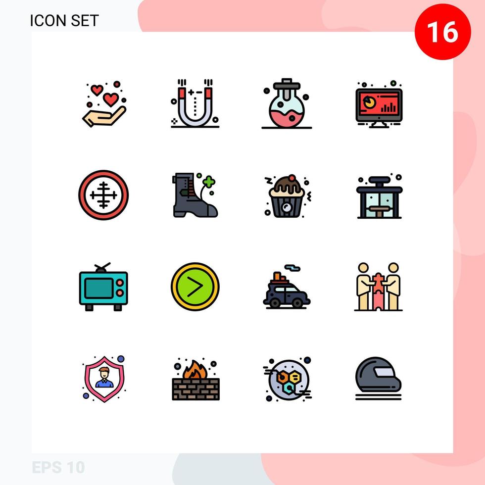 Set of 16 Commercial Flat Color Filled Lines pack for badge pc chemical monitor bar Editable Creative Vector Design Elements
