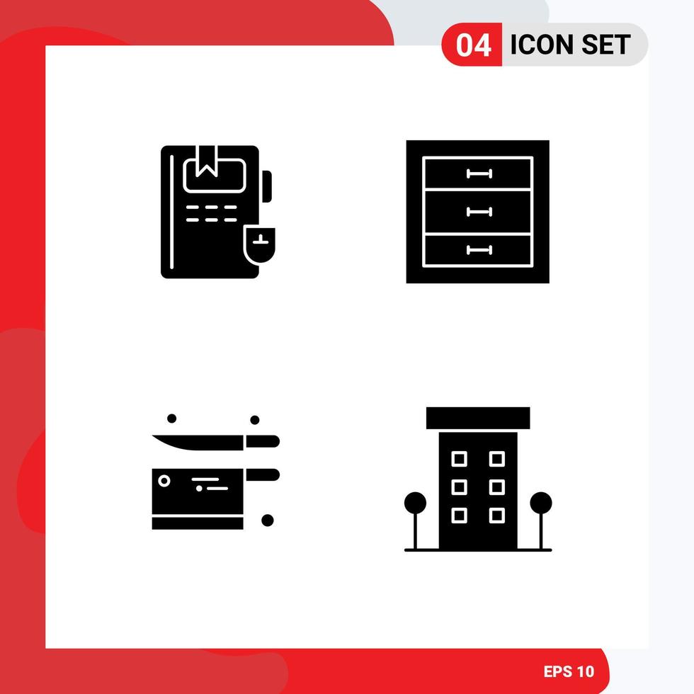 Set of 4 Modern UI Icons Symbols Signs for book utensil boxes interior buildings Editable Vector Design Elements