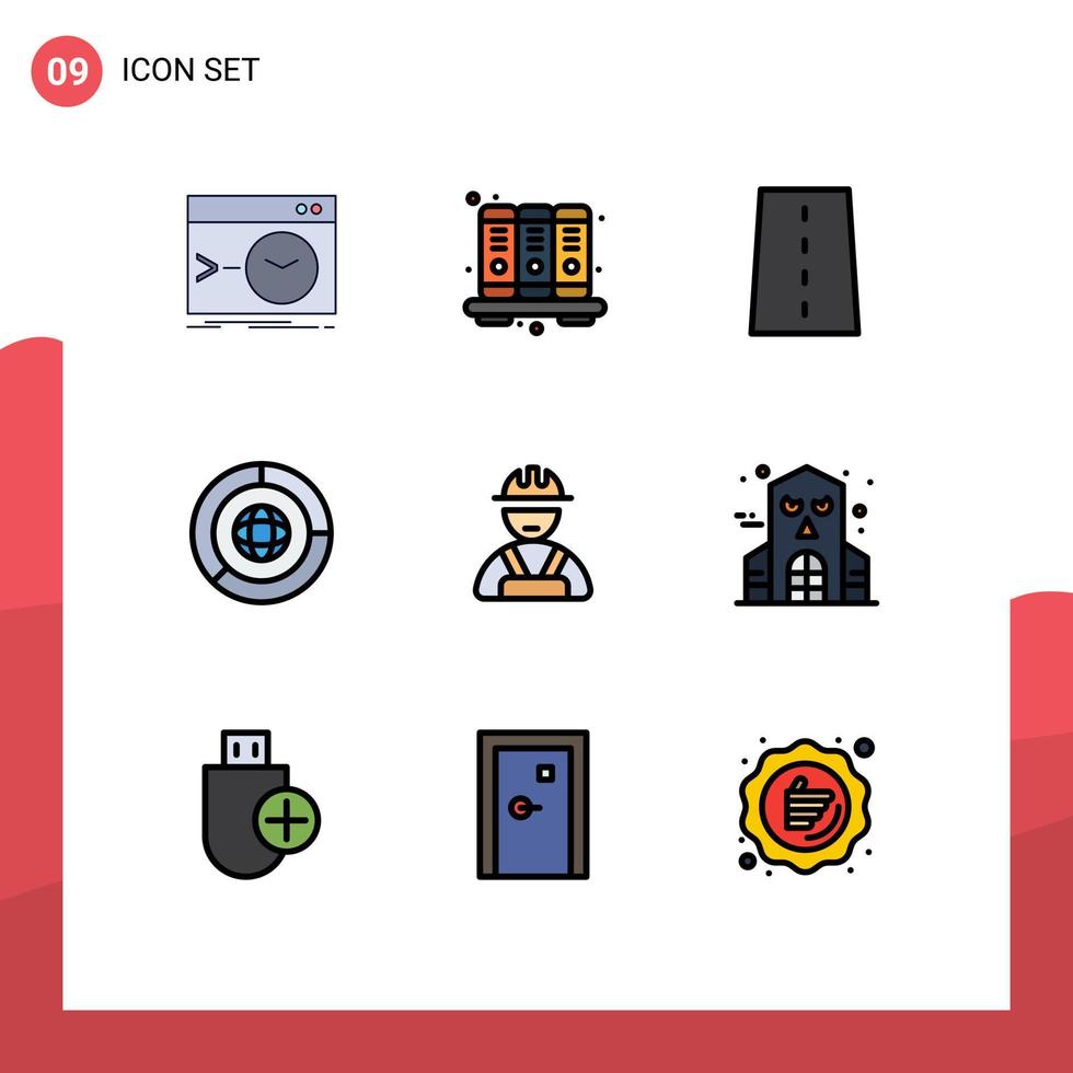 Filledline Flat Color Pack of 9 Universal Symbols of marketing coin notebook business path Editable Vector Design Elements