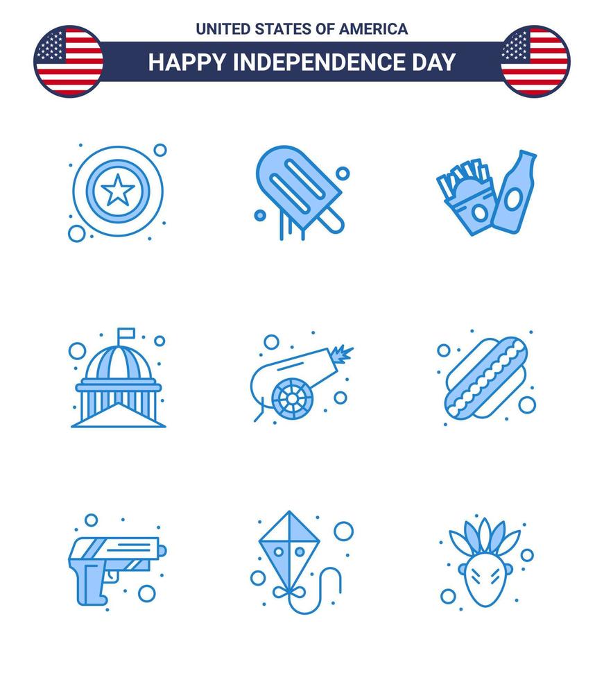 9 USA Blue Signs Independence Day Celebration Symbols of canon white bottle usa house Editable USA Day Vector Design Elements