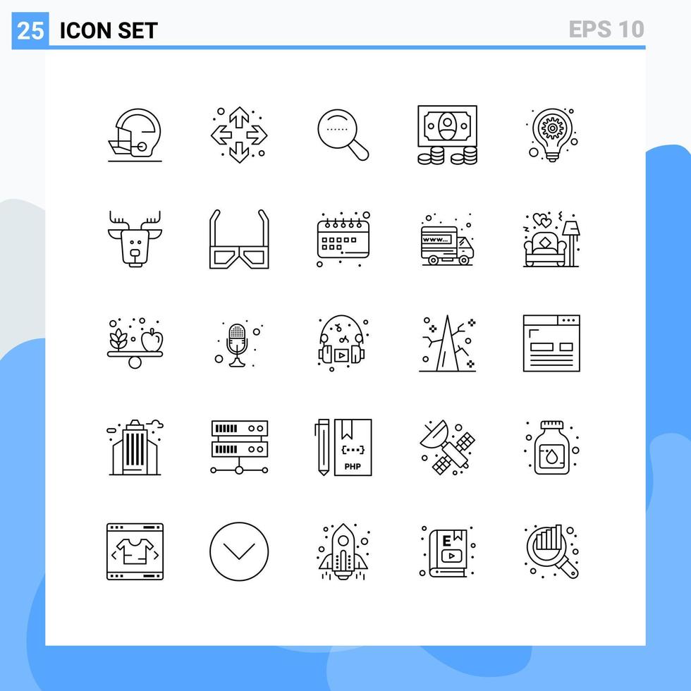 Mobile Interface Line Set of 25 Pictograms of alpine lamp search idea money Editable Vector Design Elements