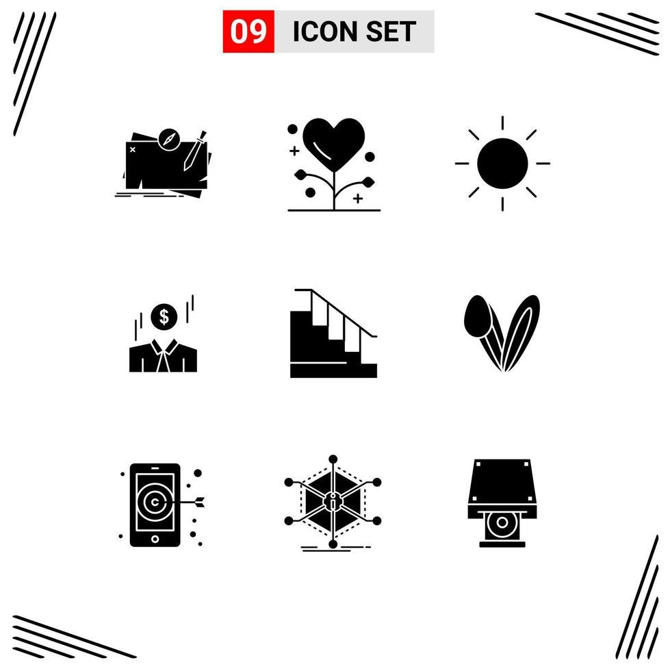 Mobile Interface Solid Glyph Set of 9 Pictograms of down money health man businessman Editable Vector Design Elements