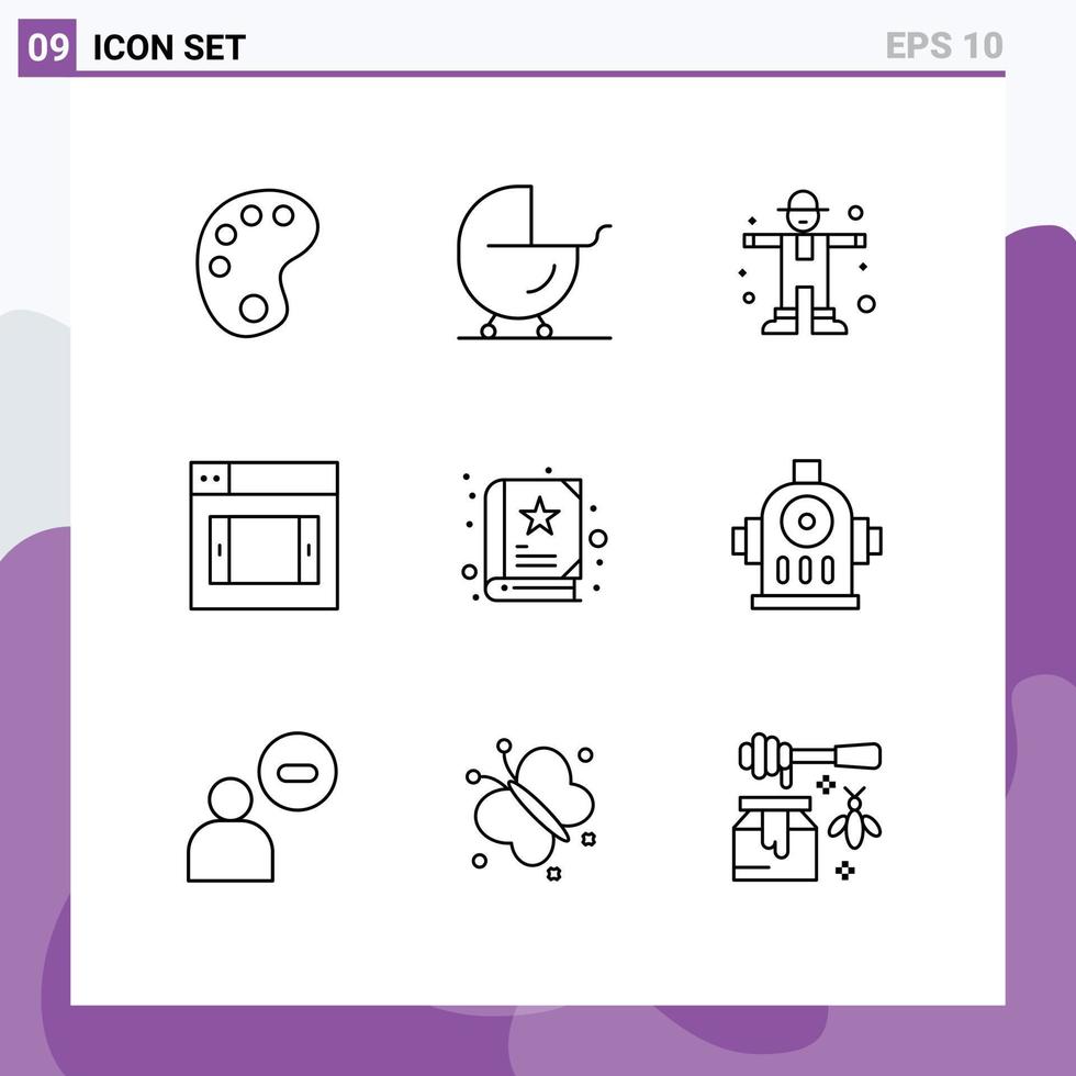 Mobile Interface Outline Set of 9 Pictograms of fire book farming baby design Editable Vector Design Elements