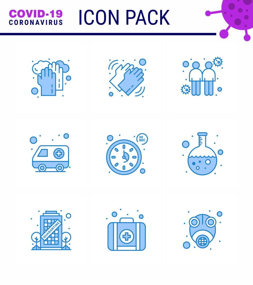 Covid19 icon set for infographic 9 Blue pack such as clock hospital care car transmitters viral coronavirus 2019nov disease Vector Design Elements