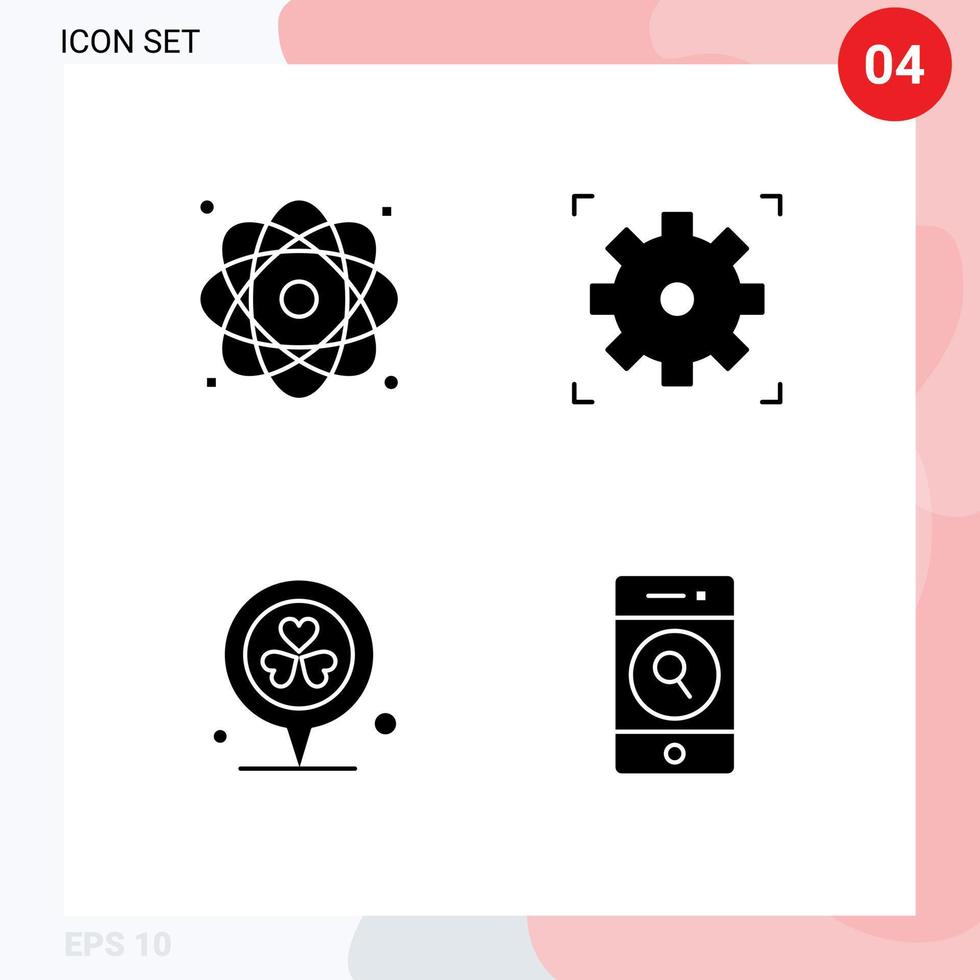 Group of 4 Modern Solid Glyphs Set for atom location nuclear video heart Editable Vector Design Elements