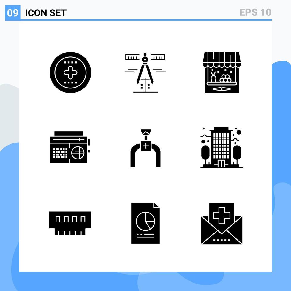 moderno 9 iconos de estilo sólido símbolos de glifo para uso general signo de icono sólido creativo aislado sobre fondo blanco paquete de 9 iconos vector