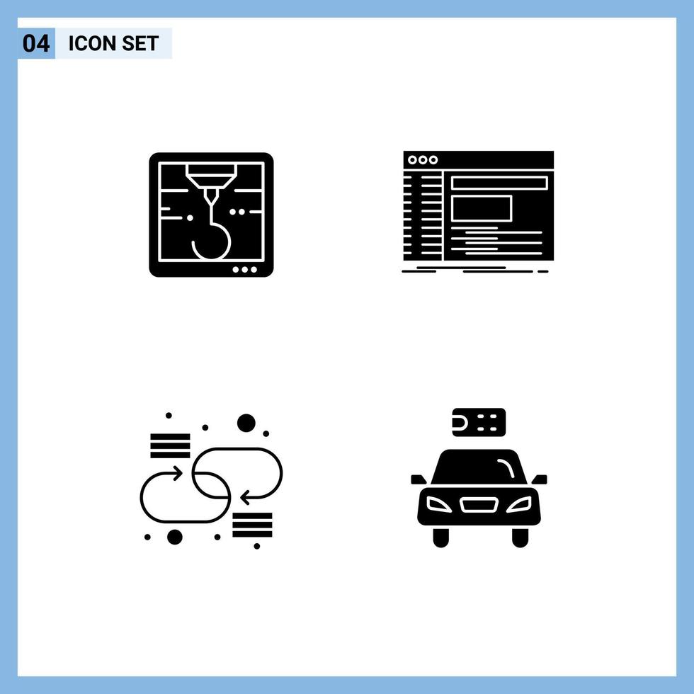 4 glifos sólidos vectoriales temáticos y símbolos editables del software de la consola de enlace de la impresora elementos de diseño vectorial editables del coche vector