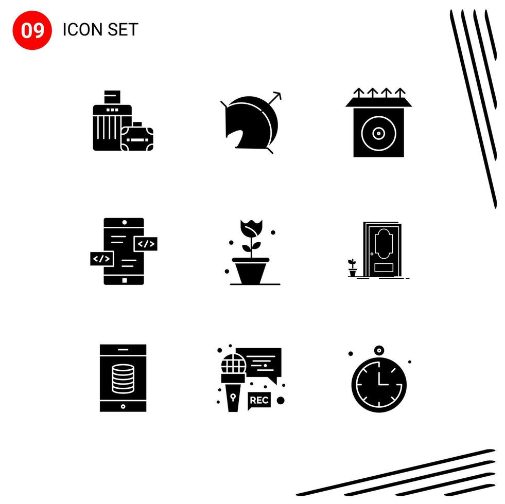 Editable Vector Line Pack of 9 Simple Solid Glyphs of floral mobile sport div app development Editable Vector Design Elements