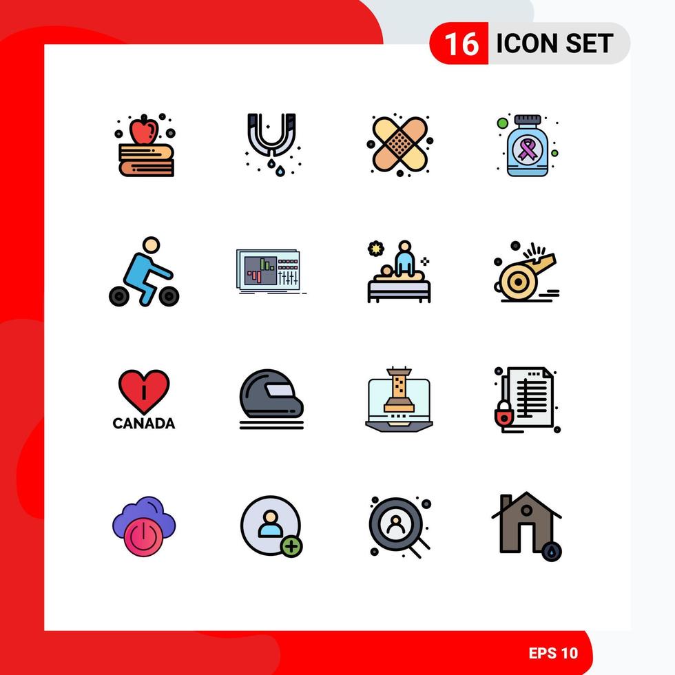 Mobile Interface Flat Color Filled Line Set of 16 Pictograms of sport bicycle health cancer sign medicine Editable Creative Vector Design Elements