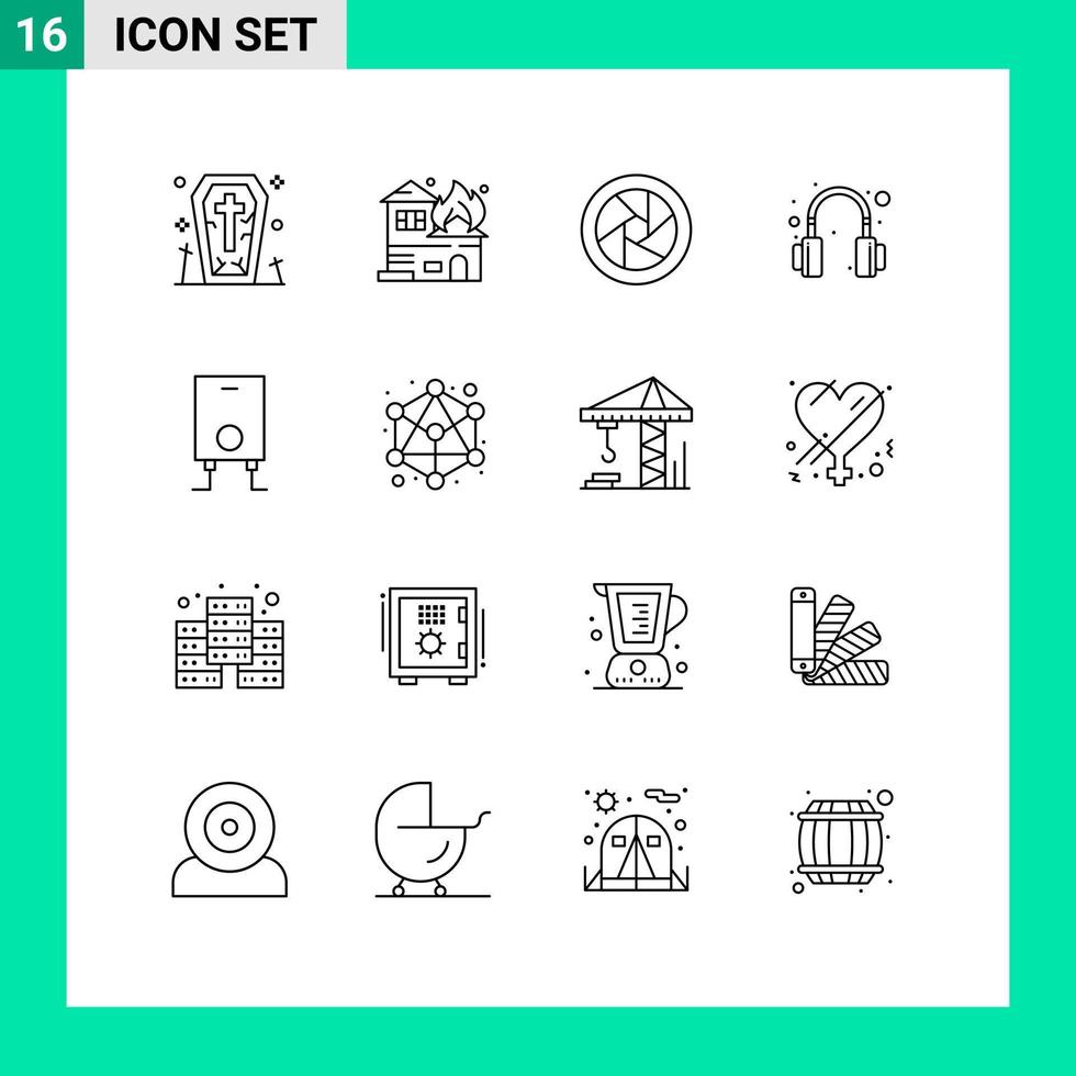 Modern Set of 16 Outlines Pictograph of connection heater camera accessories boiler headphones Editable Vector Design Elements