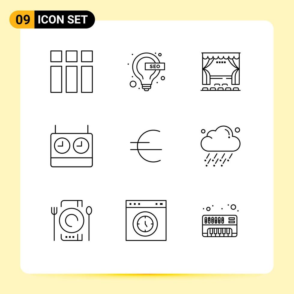 Modern Set of 9 Outlines Pictograph of currency timer curtain clock entertainment Editable Vector Design Elements