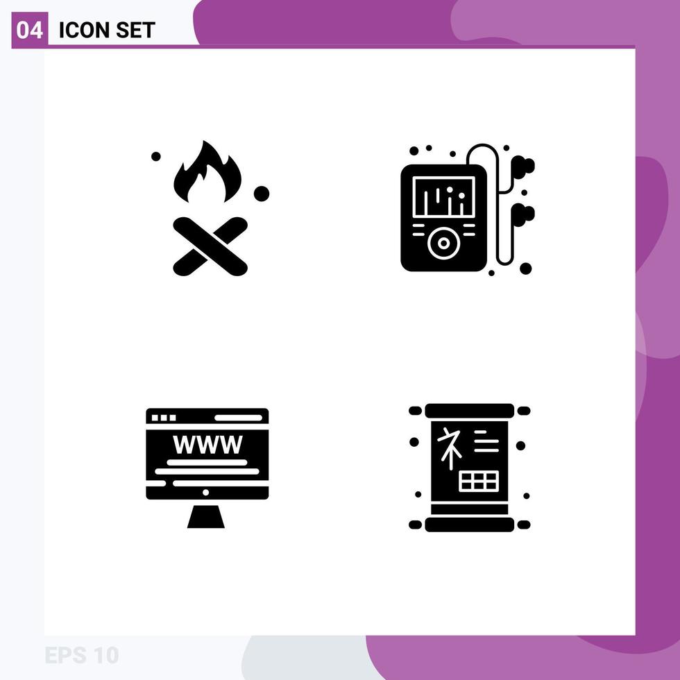 Group of 4 Solid Glyphs Signs and Symbols for burn billboard pollution music web advert Editable Vector Design Elements