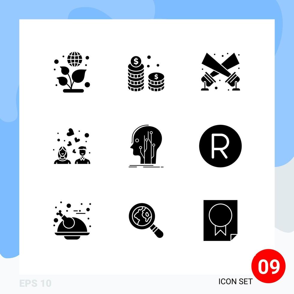 9 Universal Solid Glyphs Set for Web and Mobile Applications head heart love flashlight wedding couple Editable Vector Design Elements