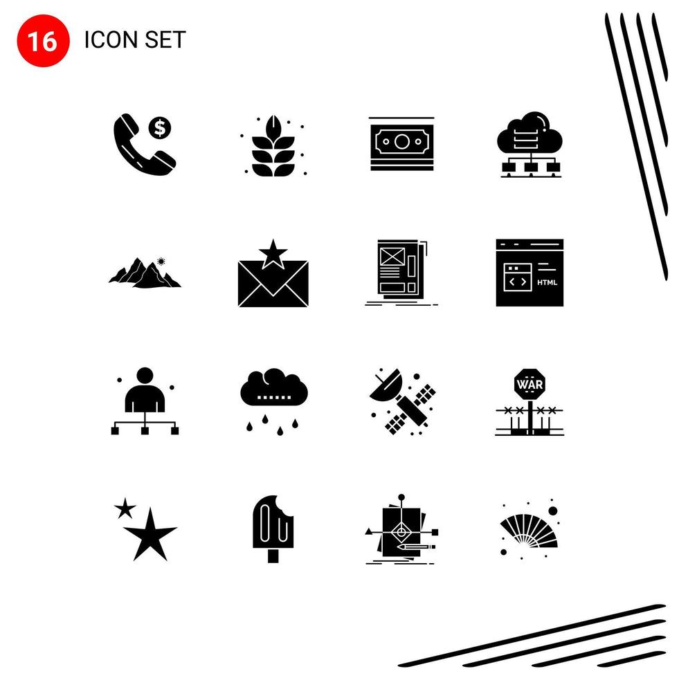 16 Universal Solid Glyph Signs Symbols of hill mountain money cloud data Editable Vector Design Elements
