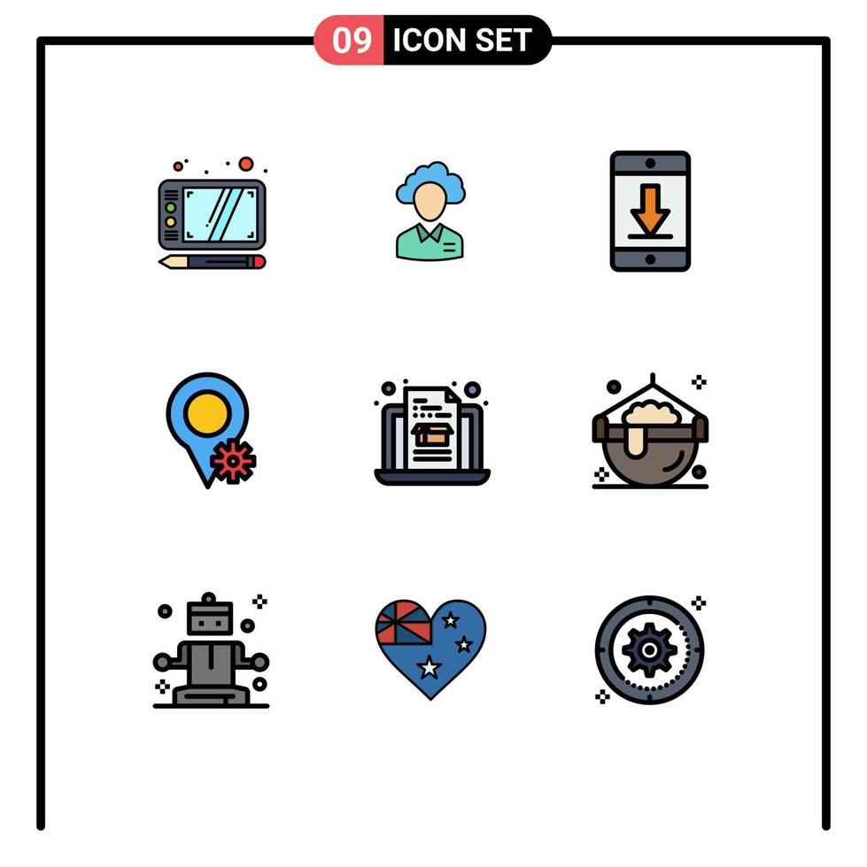 Group of 9 Filledline Flat Colors Signs and Symbols for settings location people mobile devices Editable Vector Design Elements