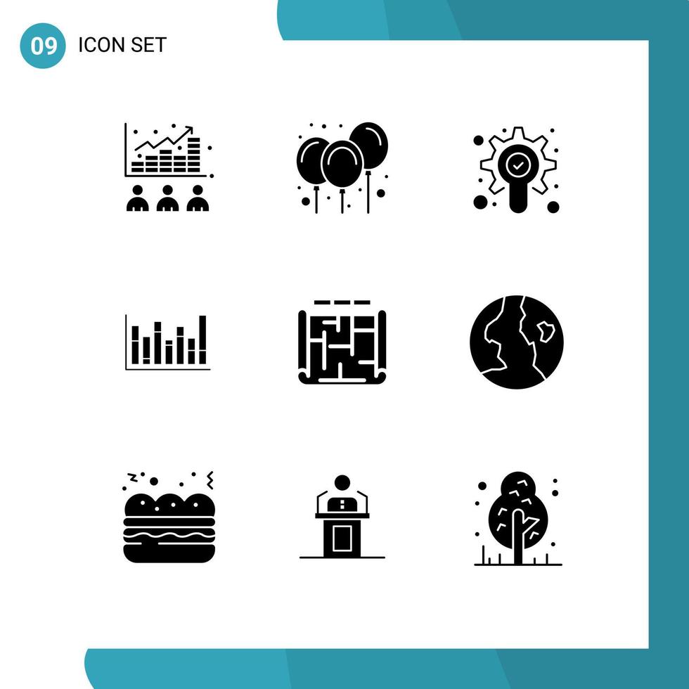 Group of 9 Solid Glyphs Signs and Symbols for blueprint down decoration up graph Editable Vector Design Elements