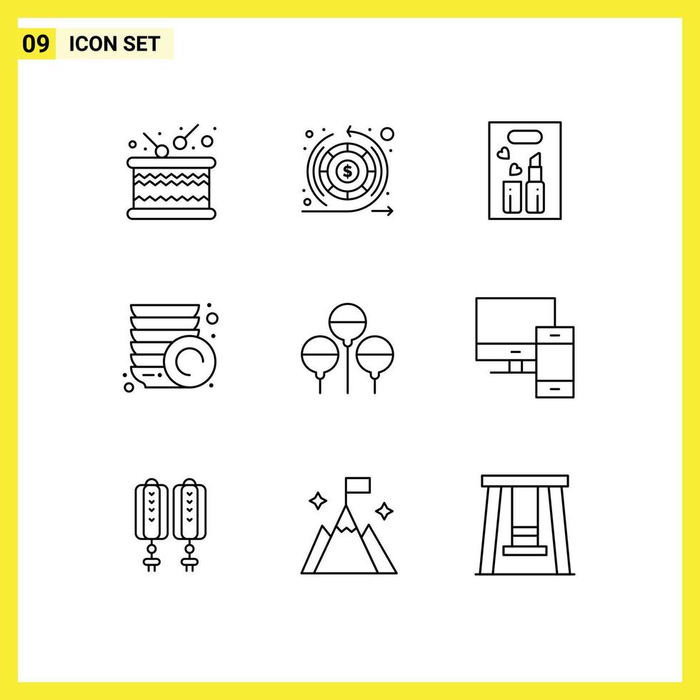 User Interface Pack of 9 Basic Outlines of holiday bloon lipstick plates kitchen Editable Vector Design Elements
