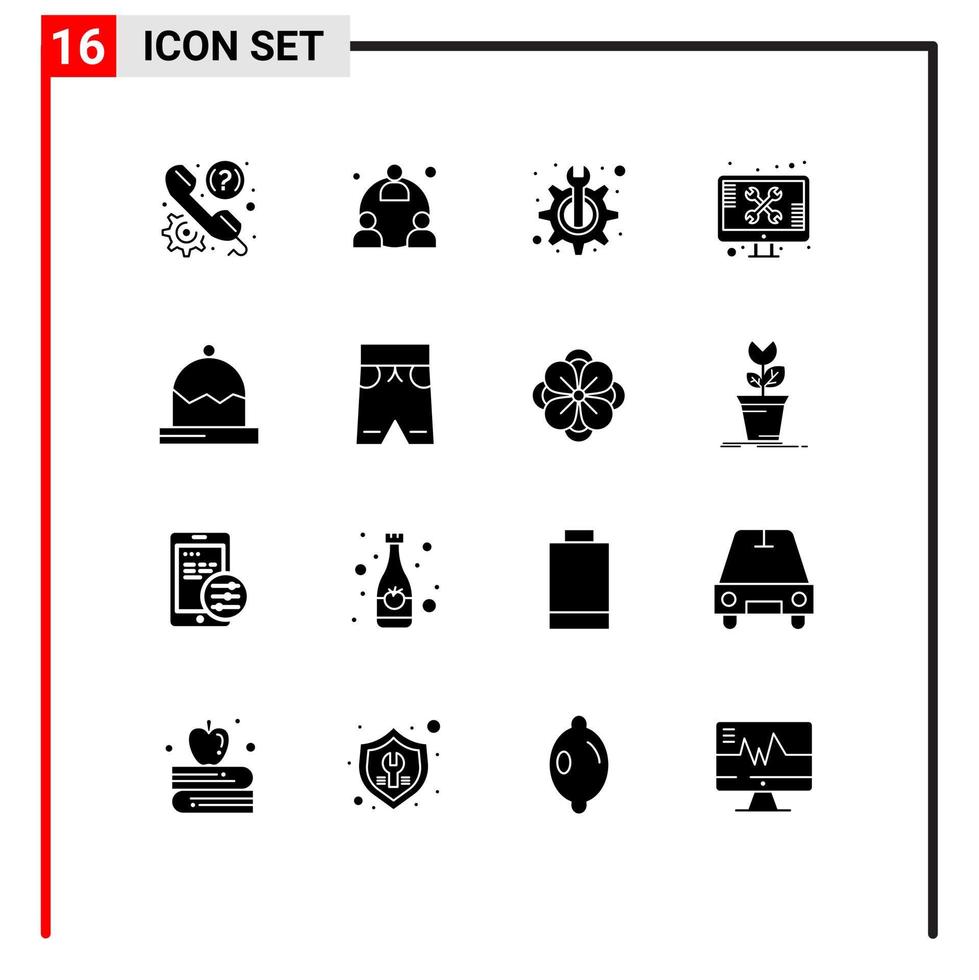 Set of 16 Commercial Solid Glyphs pack for tools support network screen fix Editable Vector Design Elements