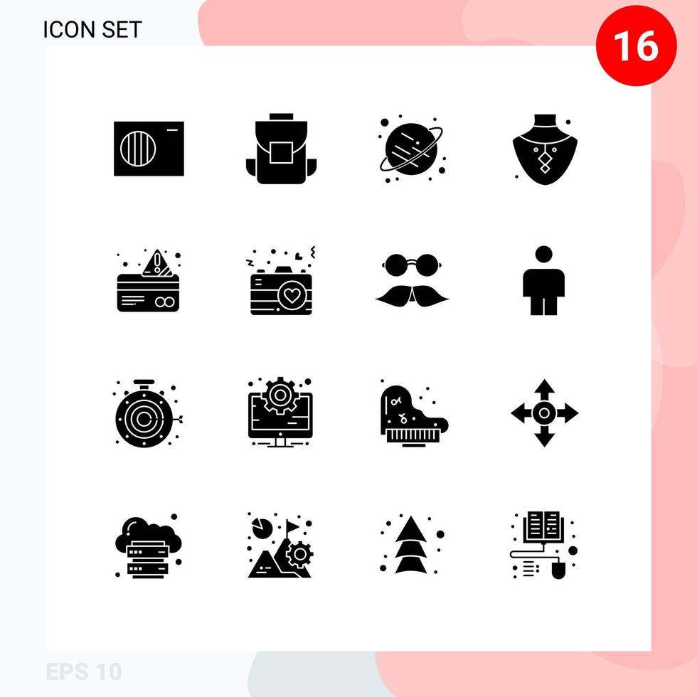 Editable Vector Line Pack of 16 Simple Solid Glyphs of payment card saturn alert jewelry Editable Vector Design Elements