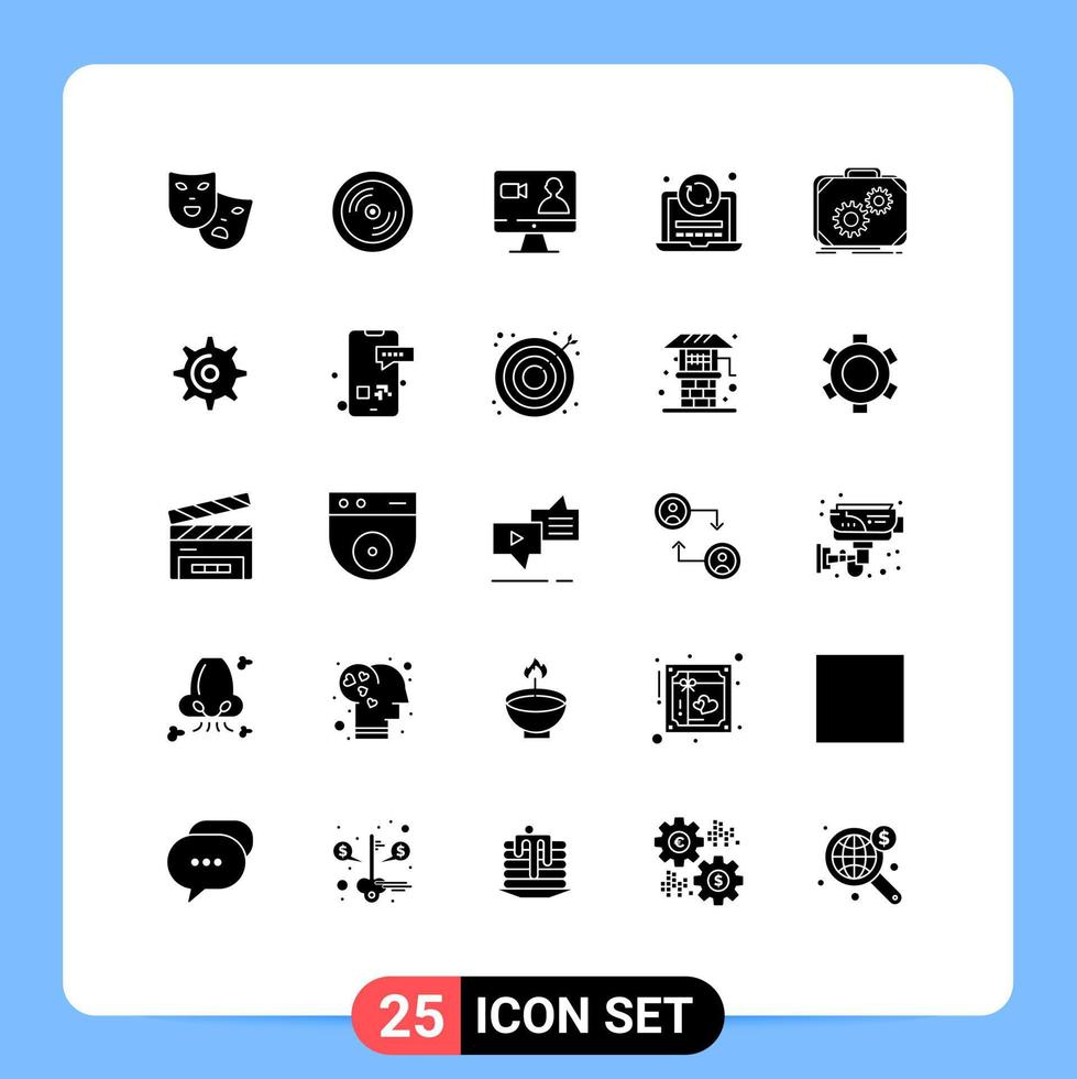 25 Universal Solid Glyph Signs Symbols of case coding job reload laptop Editable Vector Design Elements