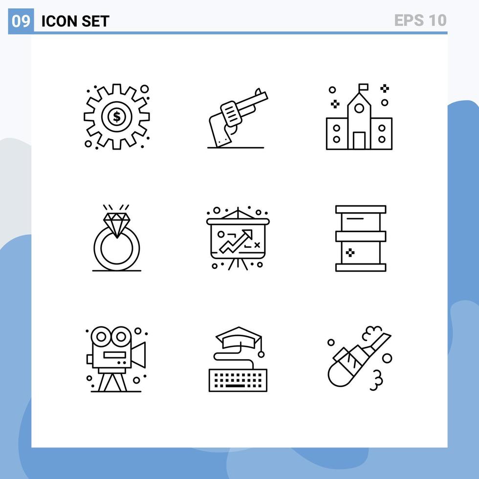 Set of 9 Vector Outlines on Grid for love proposal building diamound school Editable Vector Design Elements