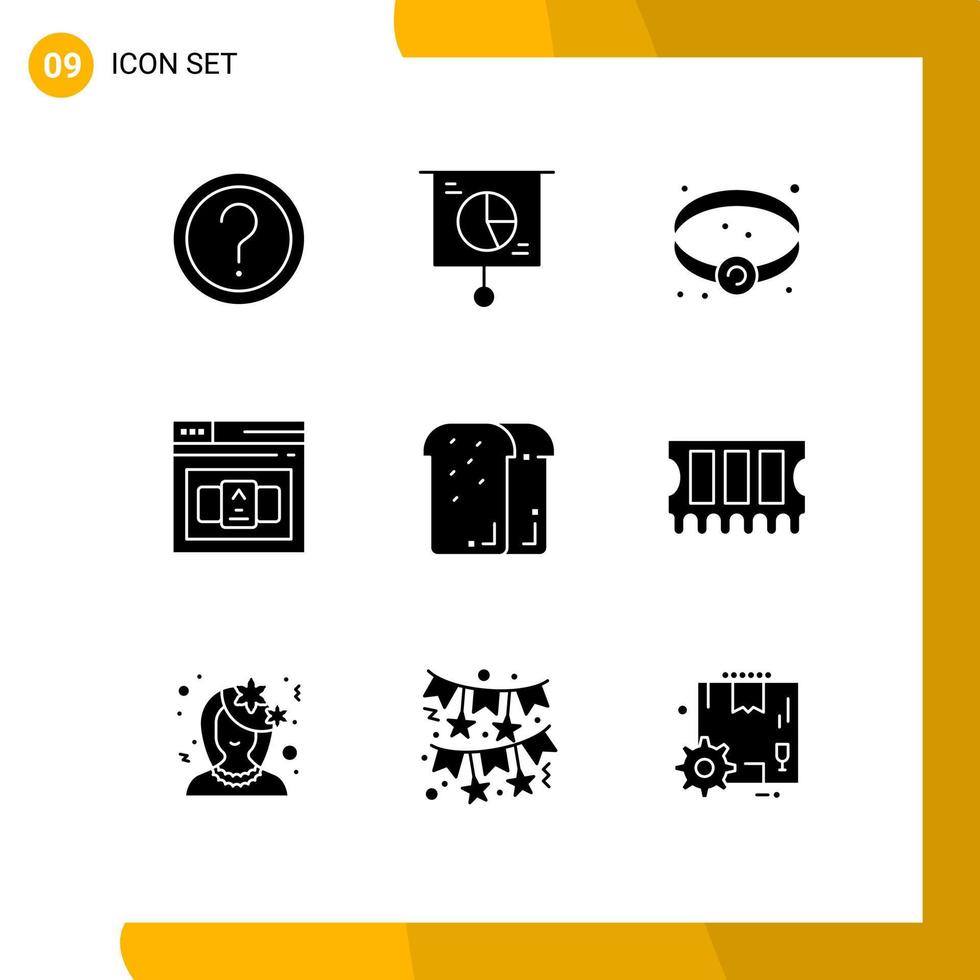 Group of 9 Solid Glyphs Signs and Symbols for bread control pie code jewel Editable Vector Design Elements