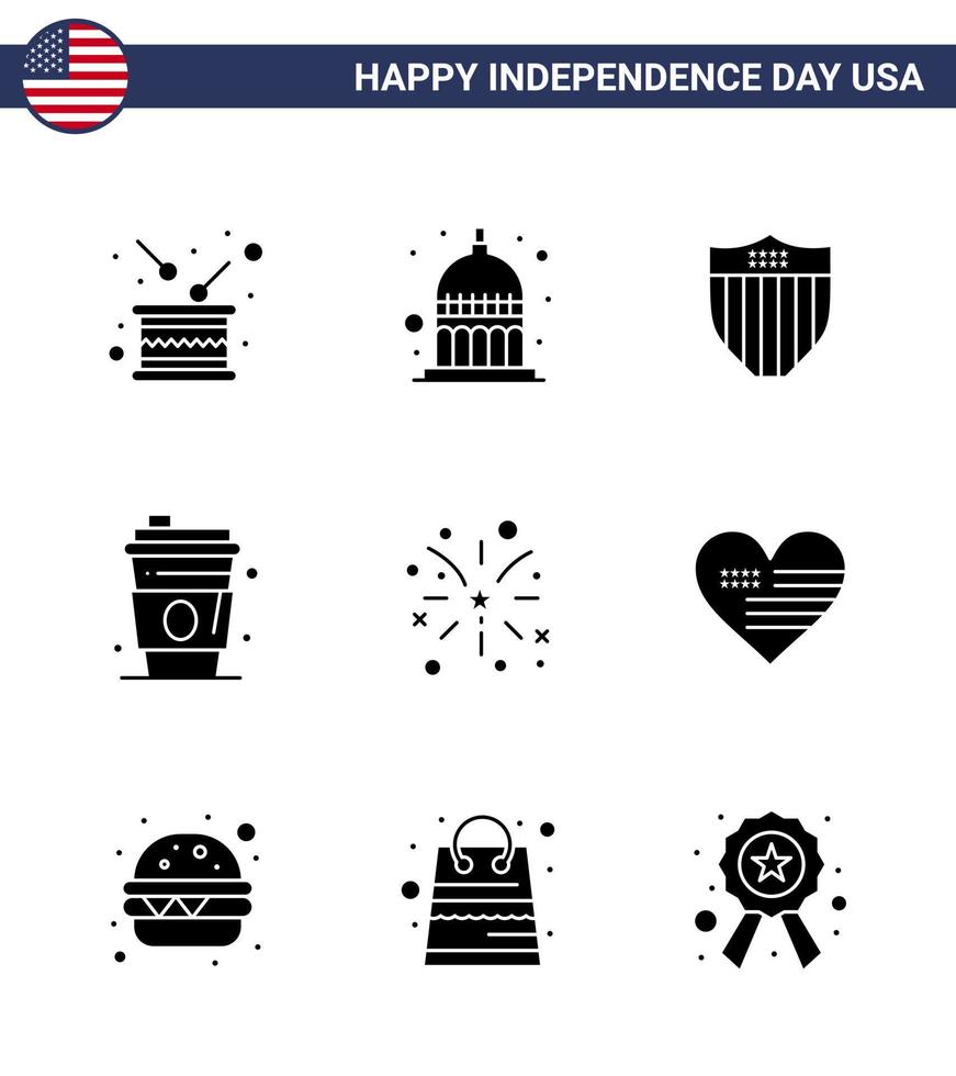 conjunto de 9 paquetes de glifos sólidos modernos en el día de la independencia de estados unidos jugo de fuegos artificiales bebida de estados unidos elementos de diseño vectorial editables del día de estados unidos vector