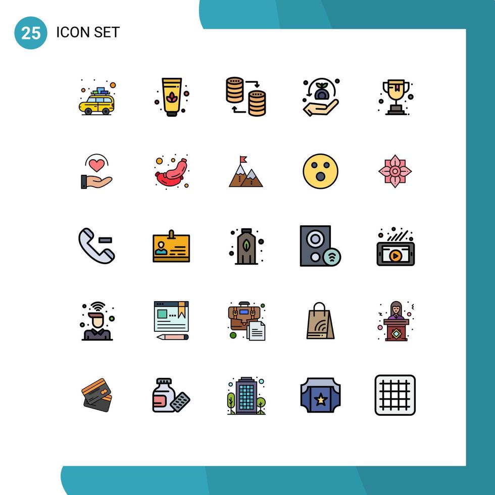 paquete de 25 modernos signos y símbolos de colores planos de línea rellena para medios de impresión web, como trofeos en línea sql, seguridad segura, elementos de diseño de vectores editables